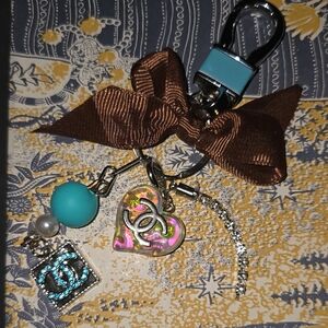 Elegant Turquoise Chanel Keychain with Heart & CC Stamped Charms